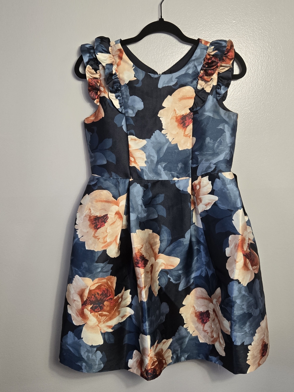 Bonnie Jean Navy Floral Ruffle Sleeve Box Pleat Party Dress Girls Size 16